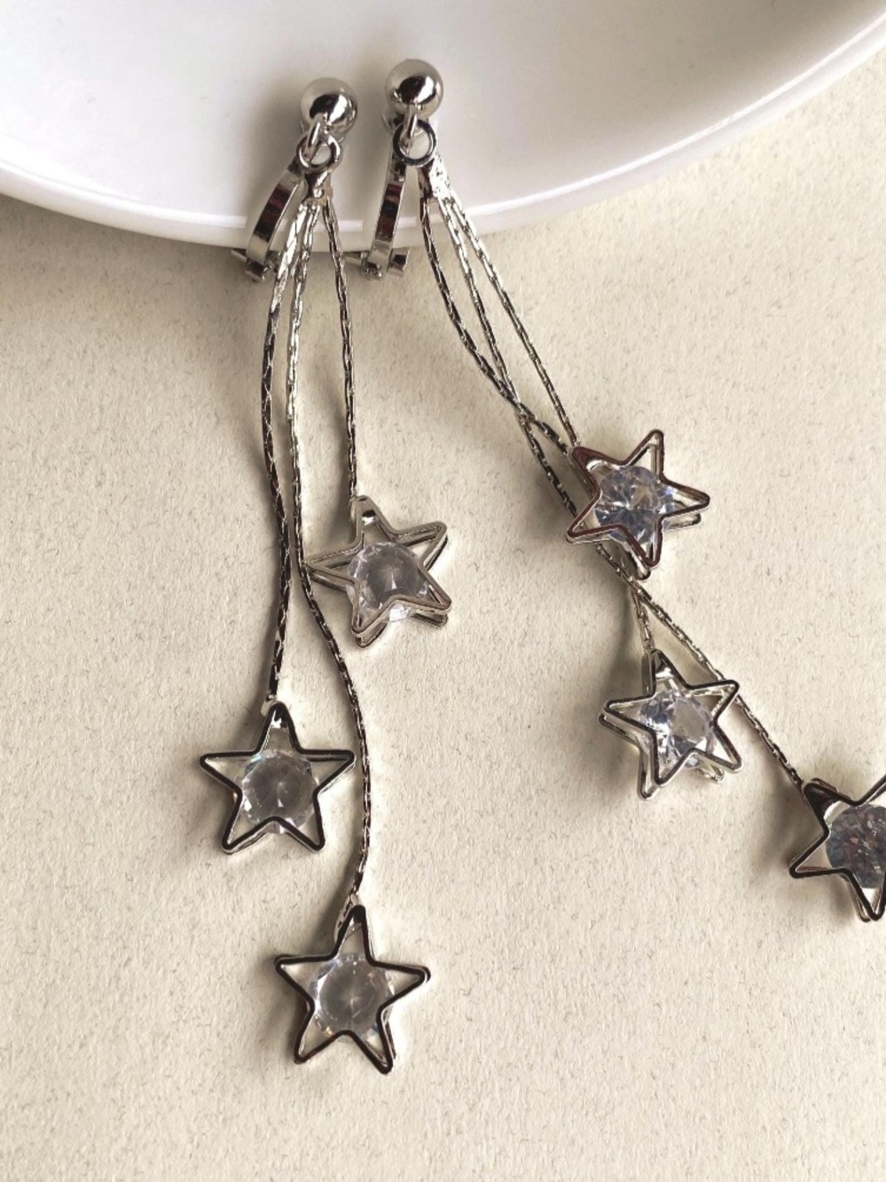 Silver Star Dangle CLIP-ON Earrings with Clear Crystal Accents